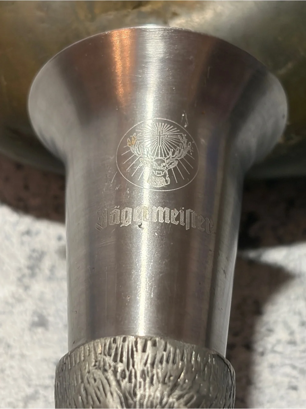 Vintage Jägermeister Pewter and Stainless Steel Stag Head Shot Glass and Jigger